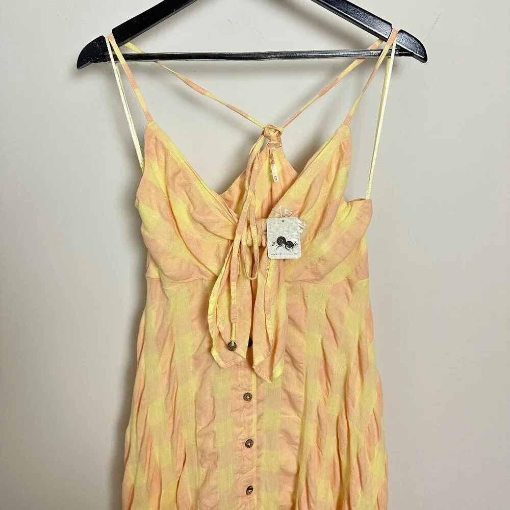FREE PEOPLE Via Gingham Cotton Seersucker Sundress Creamsicle Combo Eve X-Small - Picture 5 of 11